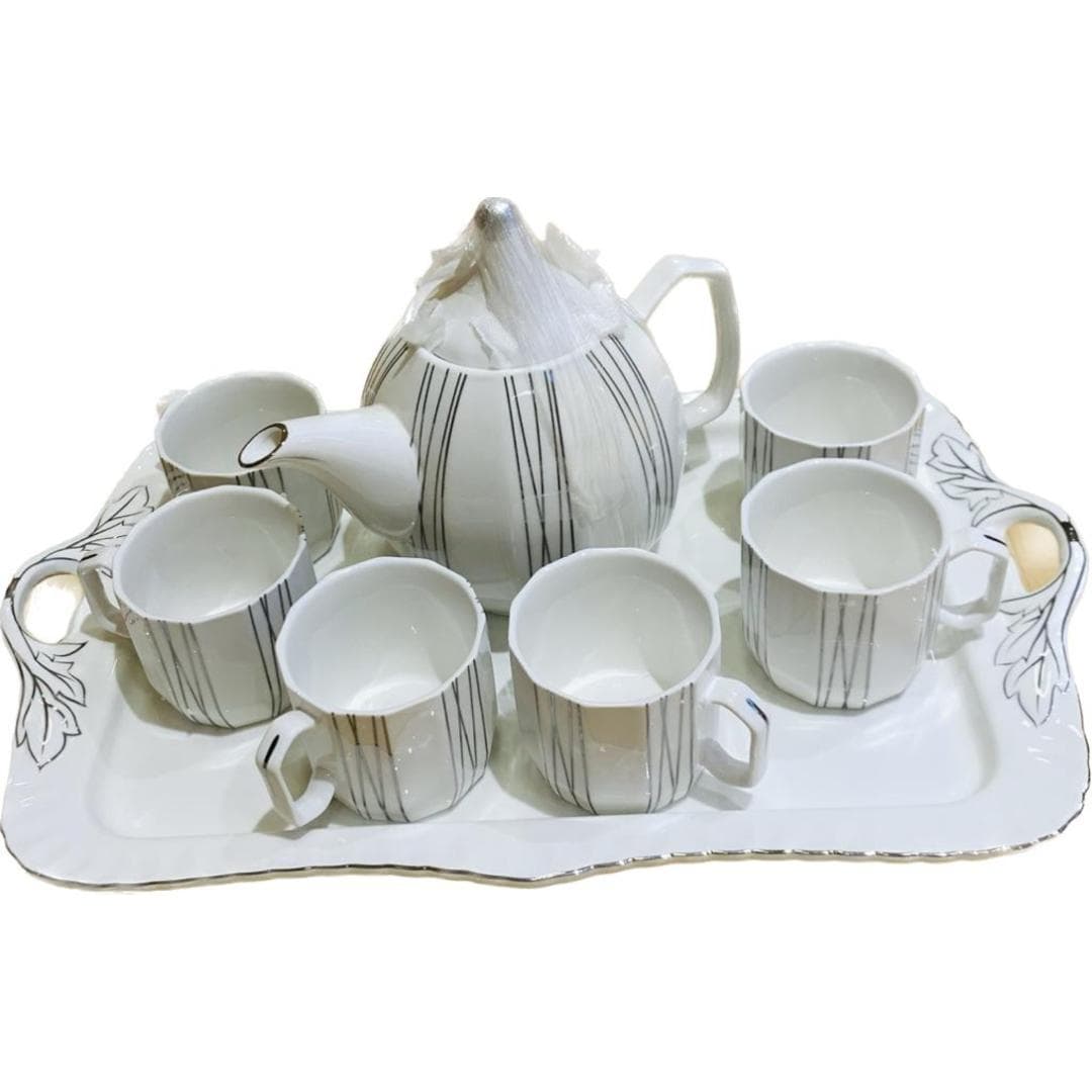 6 Pattern White Cups W Pot  Tray Ceramic Set  For 6 Person  880008748